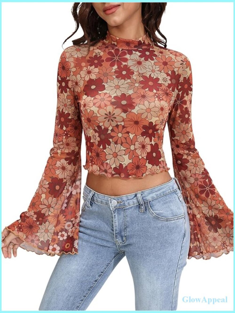 Y2K Floral 70s Hippie Bell Sleeve Sheer Mesh Crop Top